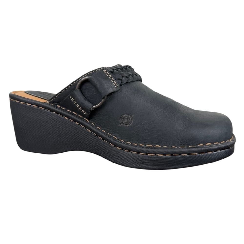 Born Black Leather Clogs Slip-On Block Heel Shoes Size 7 Classy Y2K Inspired NEW